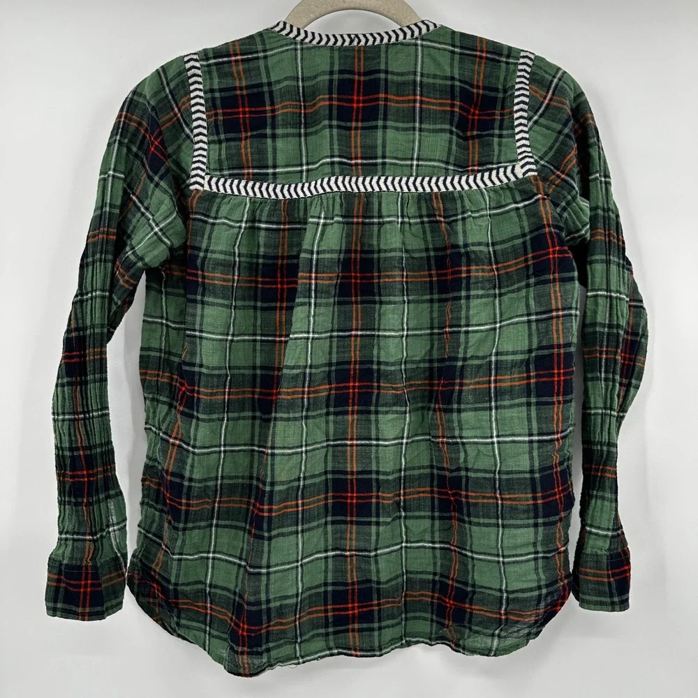 J Crew Womens Green Plaid Embroidered Cotton Gauze Split Neck Blouse‎ 0P Cottage